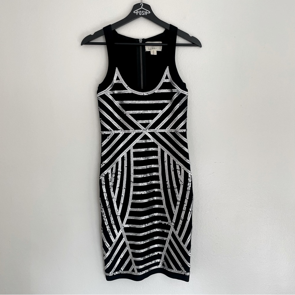 Nicole Miller Artelier Black With Silver Sequin Bodycon Dress Size Petite Party